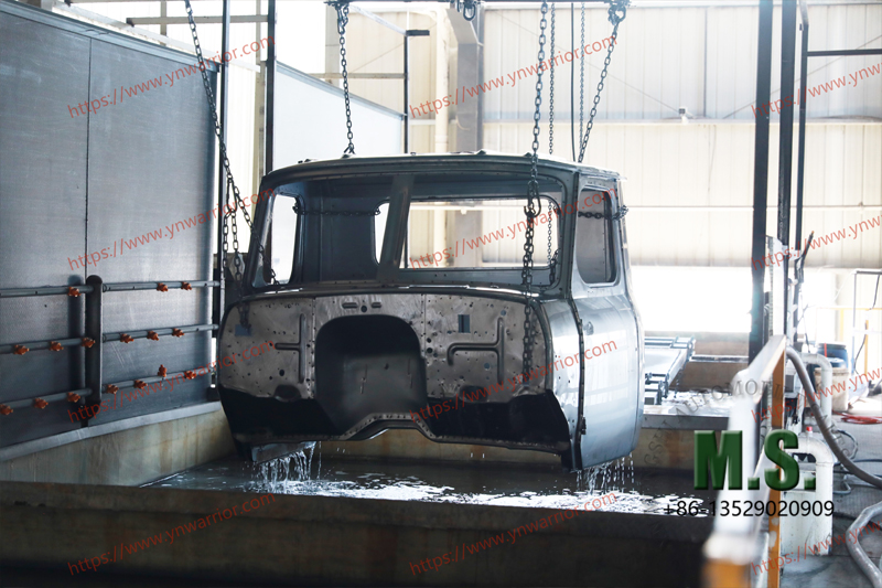 HD footage of Chinese truck cab doing electrophoresis painting 
